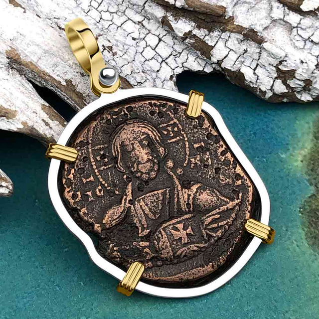Byzantine Bronze Follis Coin Jesus Christ King of Kings 14K Gold and Sterling Silver Pendant