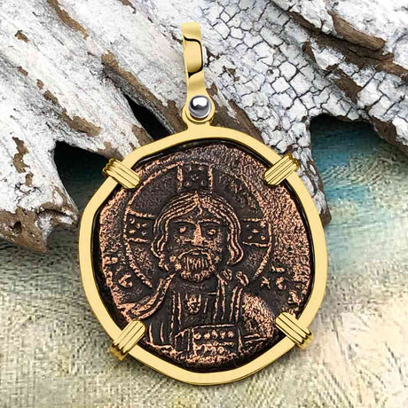 Byzantine Bronze Follis Coin Jesus Christ King of Kings 14K Gold Pendant