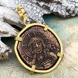Byzantine Bronze Follis Coin Jesus Christ King of Kings 14K Gold Pendant