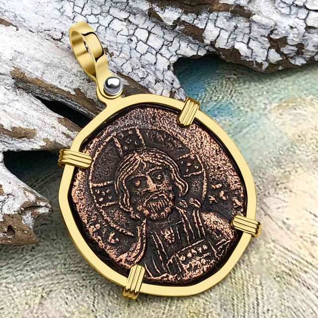 Byzantine Bronze Follis Coin Jesus Christ King of Kings 14K Gold Pendant