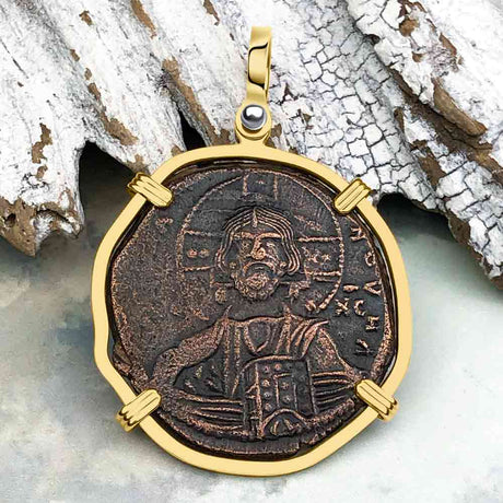 Byzantine Bronze Follis Coin Jesus Christ King of Kings 14K Gold Pendant