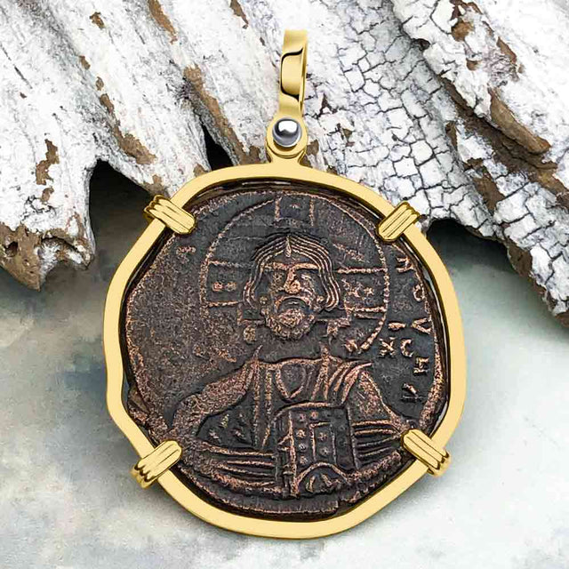 Byzantine Bronze Follis Coin Jesus Christ King of Kings 14K Gold Pendant