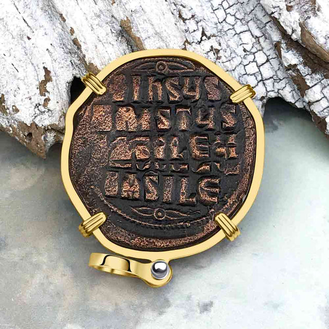 Byzantine Bronze Follis Coin Jesus Christ King of Kings 14K Gold Pendant