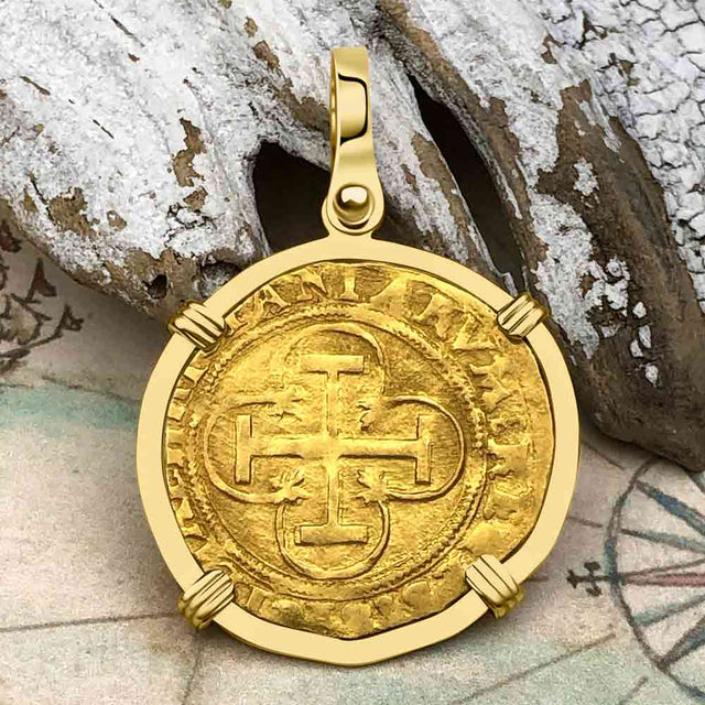 Circa 1550 22K Gold One Escudo - the Legendary Doubloon - 18K Gold Pendant