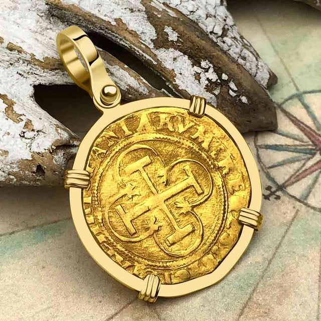 Circa 1550 22K Gold One Escudo - the Legendary Doubloon - 18K Gold Pendant