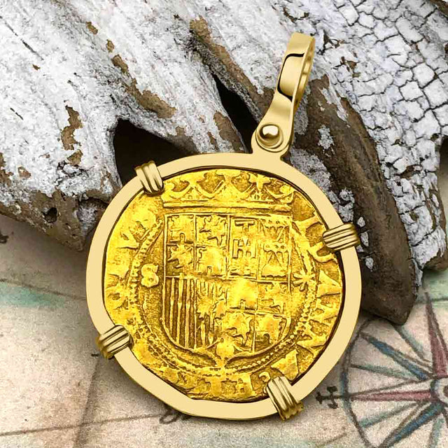 Circa 1550 22K Gold One Escudo - the Legendary Doubloon - 18K Gold Pendant