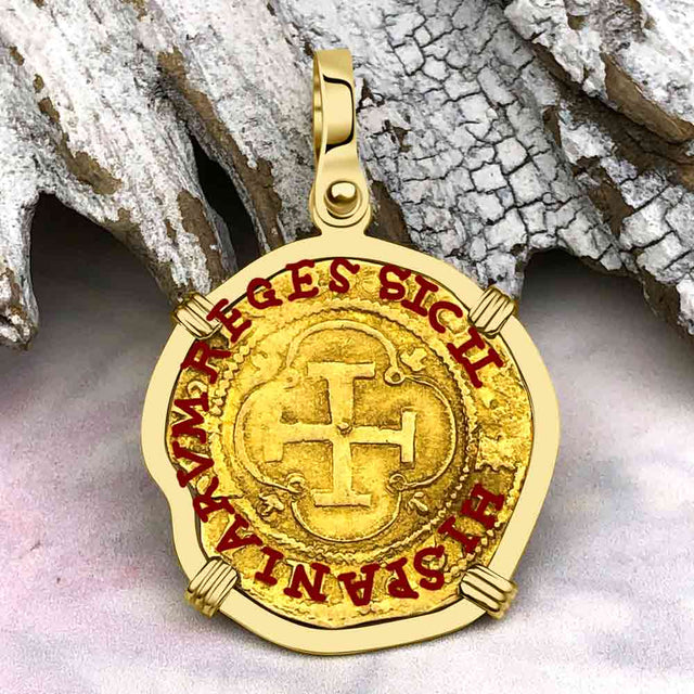 Circa 1550 22K Gold One Escudo - the Legendary Doubloon - 18K Gold Pendant