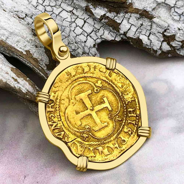 Circa 1550 22K Gold One Escudo - the Legendary Doubloon - 18K Gold Pendant