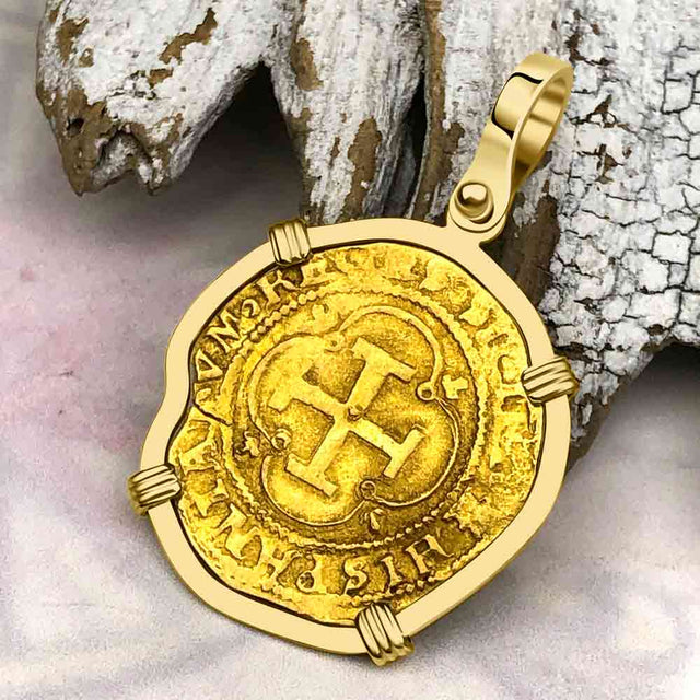 Circa 1550 22K Gold One Escudo - the Legendary Doubloon - 18K Gold Pendant