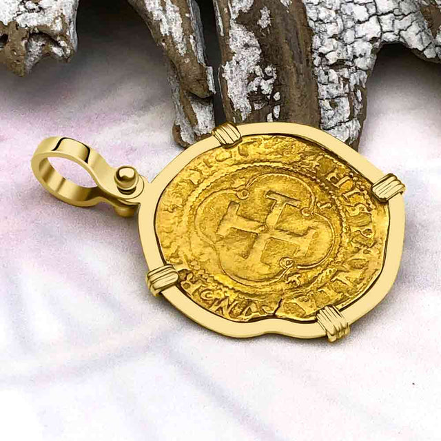 Circa 1550 22K Gold One Escudo - the Legendary Doubloon - 18K Gold Pendant
