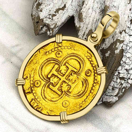 Rarer Pirate Era Circa 1568 22K Gold 2 Escudo - the Legendary Doubloon - 18K Gold Pendant