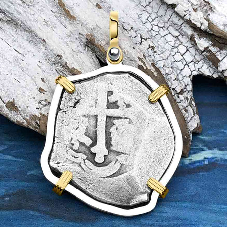 1715 Fleet Shipwreck Spanish 4 Reale Piece of 8 14K Gold and Sterling Silver Pendant