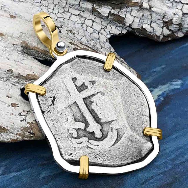 1715 Fleet Shipwreck Spanish 4 Reale Piece of 8 14K Gold and Sterling Silver Pendant