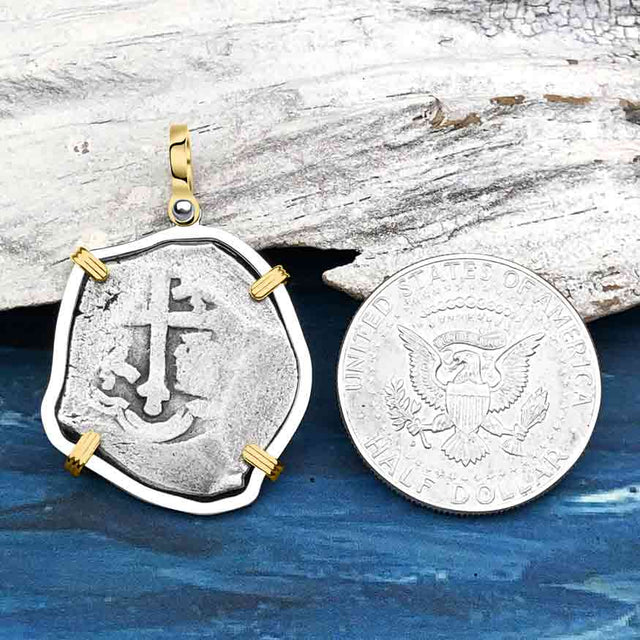 1715 Fleet Shipwreck Spanish 4 Reale Piece of 8 14K Gold and Sterling Silver Pendant