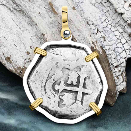 1715 Fleet Shipwreck Spanish 4 Reale Piece of 8 14K Gold and Sterling Silver Pendant
