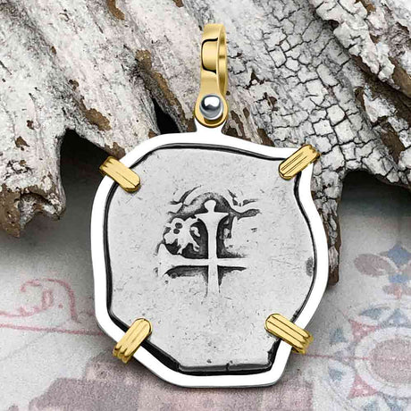 Atocha Era Spanish 2 Reale Cob Piece of 8 14K Gold and Sterling Silver Pendant