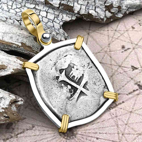 Atocha Era Spanish 2 Reale Cob Piece of 8 14K Gold and Sterling Silver Pendant