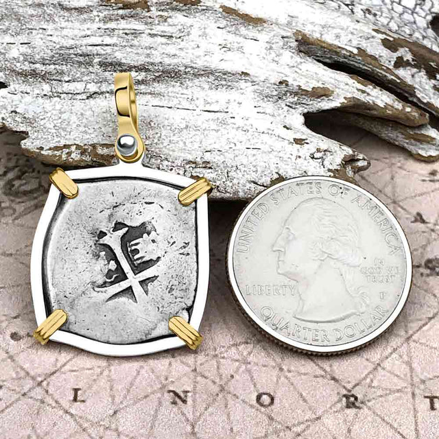 Atocha Era Spanish 2 Reale Cob Piece of 8 14K Gold and Sterling Silver Pendant