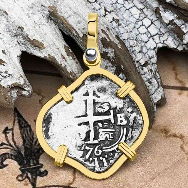Pirate Era 1676 Spanish 1 Reale Cob Piece of Eight 14K Gold Pendant