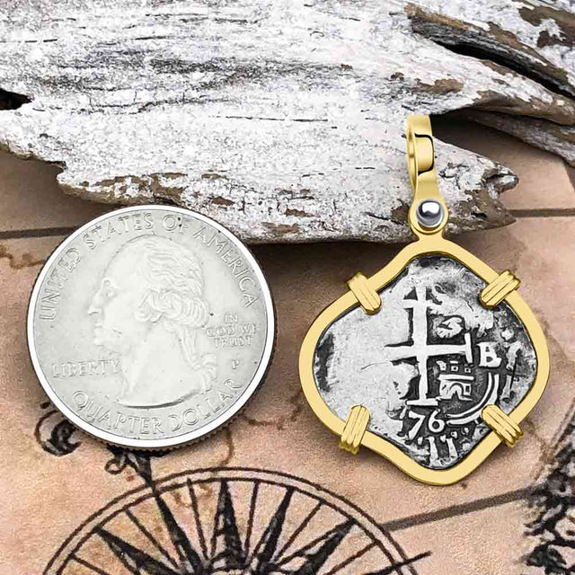 Pirate Era 1676 Spanish 1 Reale Cob Piece of Eight 14K Gold Pendant