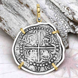 Concepcion Shipwreck Spanish 8 Reale Silver Piece of Eight 14K Gold and Sterling Silver Pendant