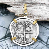 Atocha Era Buried Spanish 2 Reale Piece of Eight 14K Gold and Sterling Silver Pendant