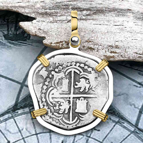 Atocha Era Buried Spanish 2 Reale Piece of Eight 14K Gold and Sterling Silver Pendant