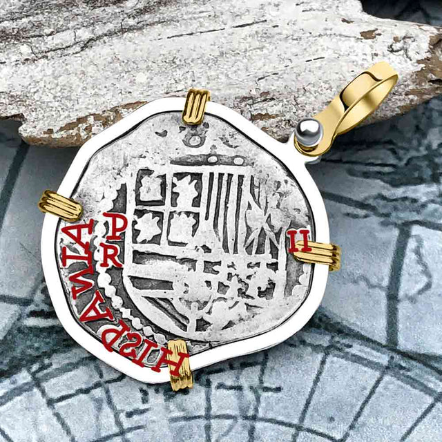 Atocha Era Buried Spanish 2 Reale Piece of Eight 14K Gold and Sterling Silver Pendant
