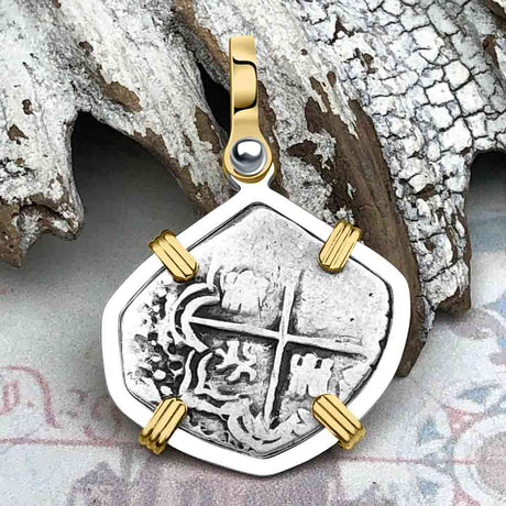 Atocha Era Buried Spanish 1 Reale Piece of Eight 14K Gold and Sterling Silver Pendant