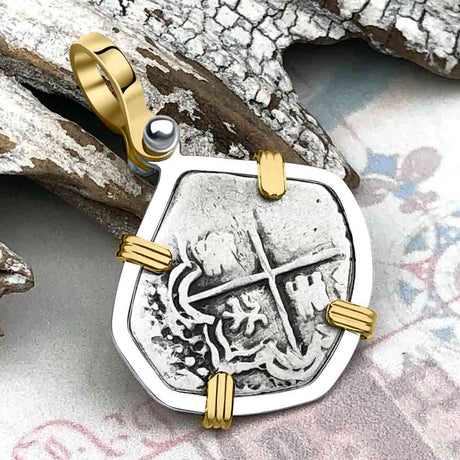 Atocha Era Buried Spanish 1 Reale Piece of Eight 14K Gold and Sterling Silver Pendant