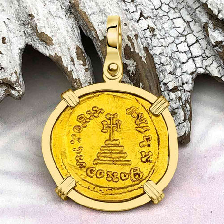 Byzantine Empire Victory Cross 24K Gold Solidus Coin Circa 613 AD in 18K Gold Pendant