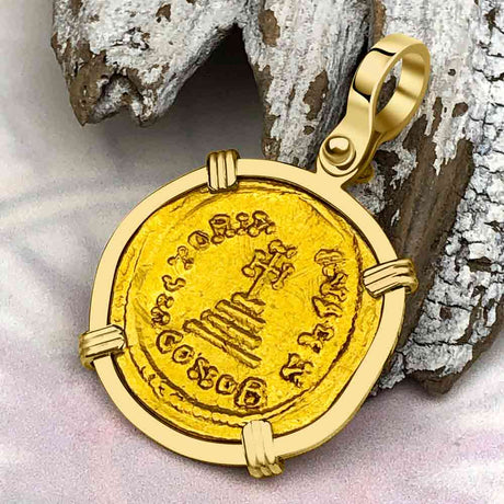 Byzantine Empire Victory Cross 24K Gold Solidus Coin Circa 613 AD in 18K Gold Pendant