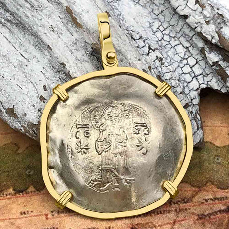 Byzantine Jesus Christ Aspron Trachy Gold Coin Circa 1143 AD 18K Gold Pendant