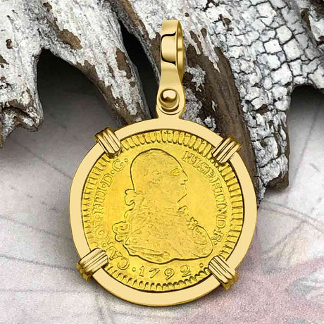 1792 Spanish Gold Portrait One Escudo - the Legendary Pirate Era Doubloon - 18K Gold Pendant