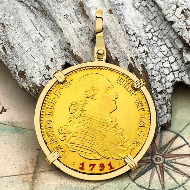 1791 Spanish 22K Gold Portrait 4 Escudo - the Legendary Pirate Era Doubloon - 18K Gold Pendant
