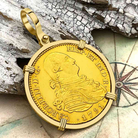 1791 Spanish 22K Gold Portrait 4 Escudo - the Legendary Pirate Era Doubloon - 18K Gold Pendant
