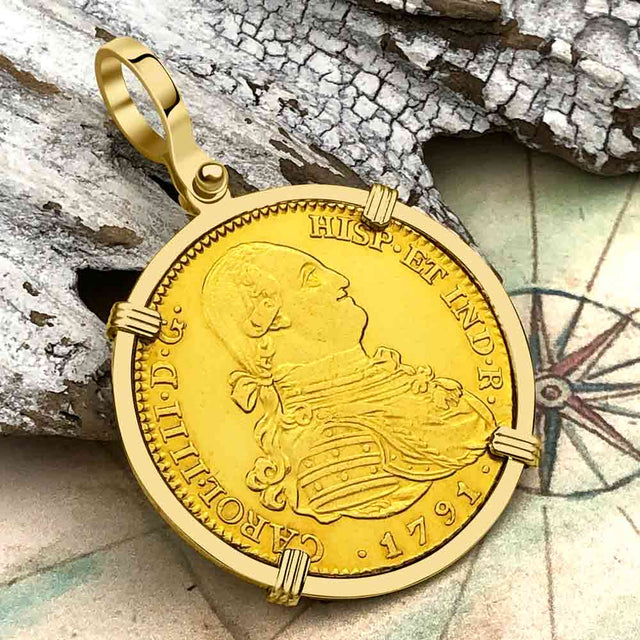 1791 Spanish 22K Gold Portrait 4 Escudo - the Legendary Pirate Era Doubloon - 18K Gold Pendant