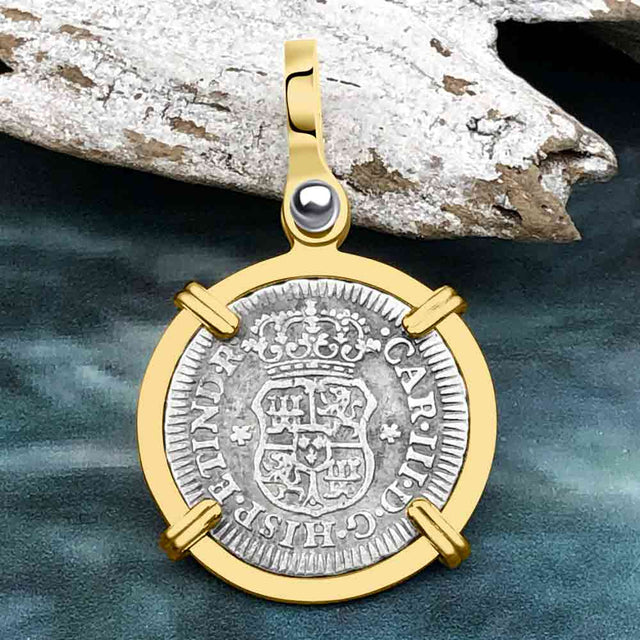 Rare, stunning El Cazador Shipwreck 1763 Pillar Dollar 1/2 Reale 14K Gold Treasure Coin Pendant