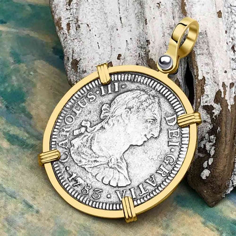El Cazador Shipwreck 1783 2 Reale "Piece of 8" 14K Gold Treasure Coin Pendant