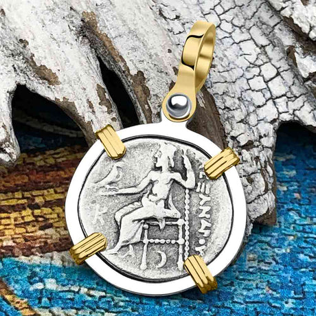 Ancient Greek Alexander the Great Silver Drachm Coin 14K Gold & Sterling Silver Pendant 