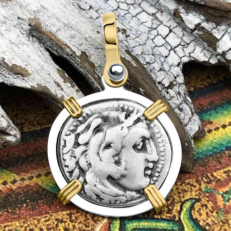 Ancient Greek Alexander the Great Silver Drachm Coin 14K Gold & Sterling Silver Pendant 