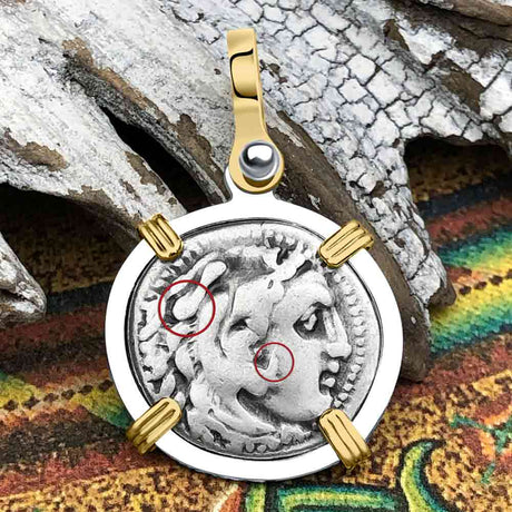 Ancient Greek Alexander the Great Silver Drachm Coin 14K Gold & Sterling Silver Pendant 