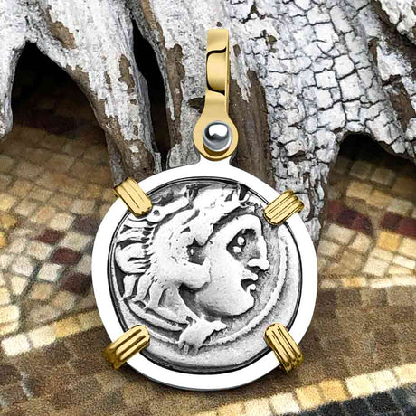 Ancient Greek Alexander the Great Silver Drachm Coin 14K Gold & Sterling Silver Pendant 
