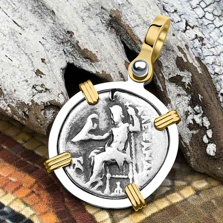 Ancient Greek Alexander the Great Silver Drachm Coin 14K Gold & Sterling Silver Pendant 