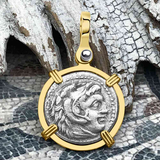Ancient Greek Alexander the Great Silver Drachm Coin 14K Gold Pendant