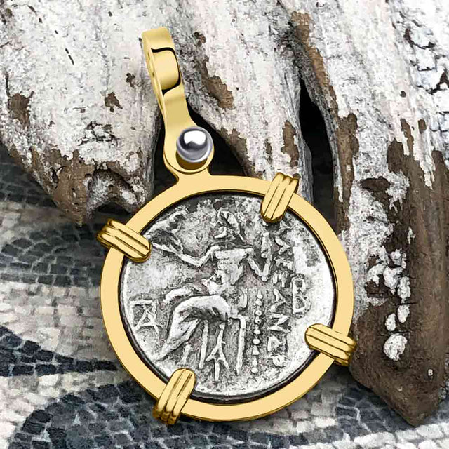 Ancient Greek Alexander the Great Silver Drachm Coin 14K Gold Pendant