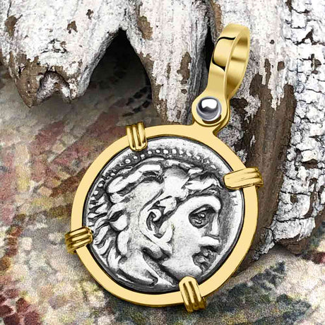 Ancient Greek Alexander the Great Silver Drachm Coin 14K Gold Pendant