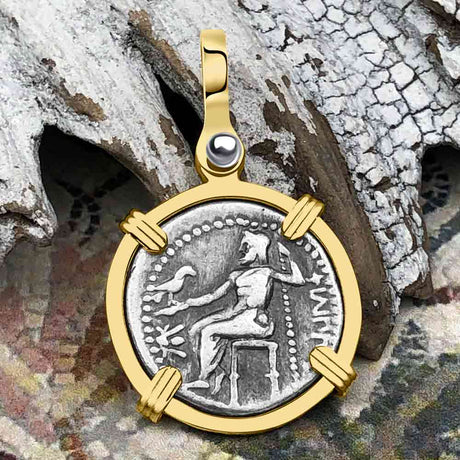 Ancient Greek Alexander the Great Silver Drachm Coin 14K Gold Pendant