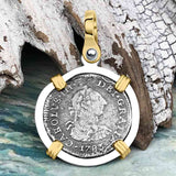 El Cazador Shipwreck 1783 1/2 Reale Piece of 8 14K Gold and Sterling Silver Pendant