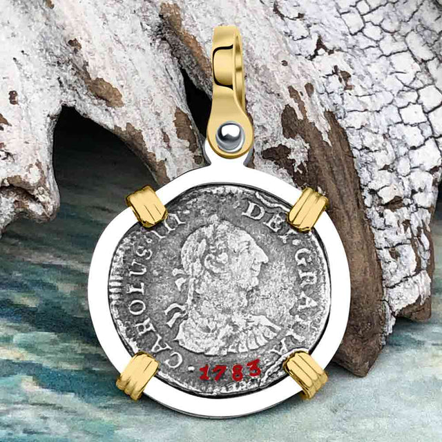 El Cazador Shipwreck 1783 1/2 Reale Piece of 8 14K Gold and Sterling Silver Pendant